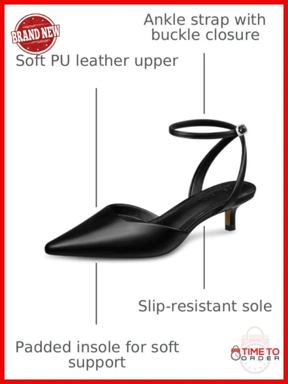 Women Low Kitten Heel Pumps 2 Inch Closed Toe Faux Leather Comfort Ankle Strap